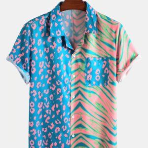 Animal Print Patchwork Short Sleeve Button Up